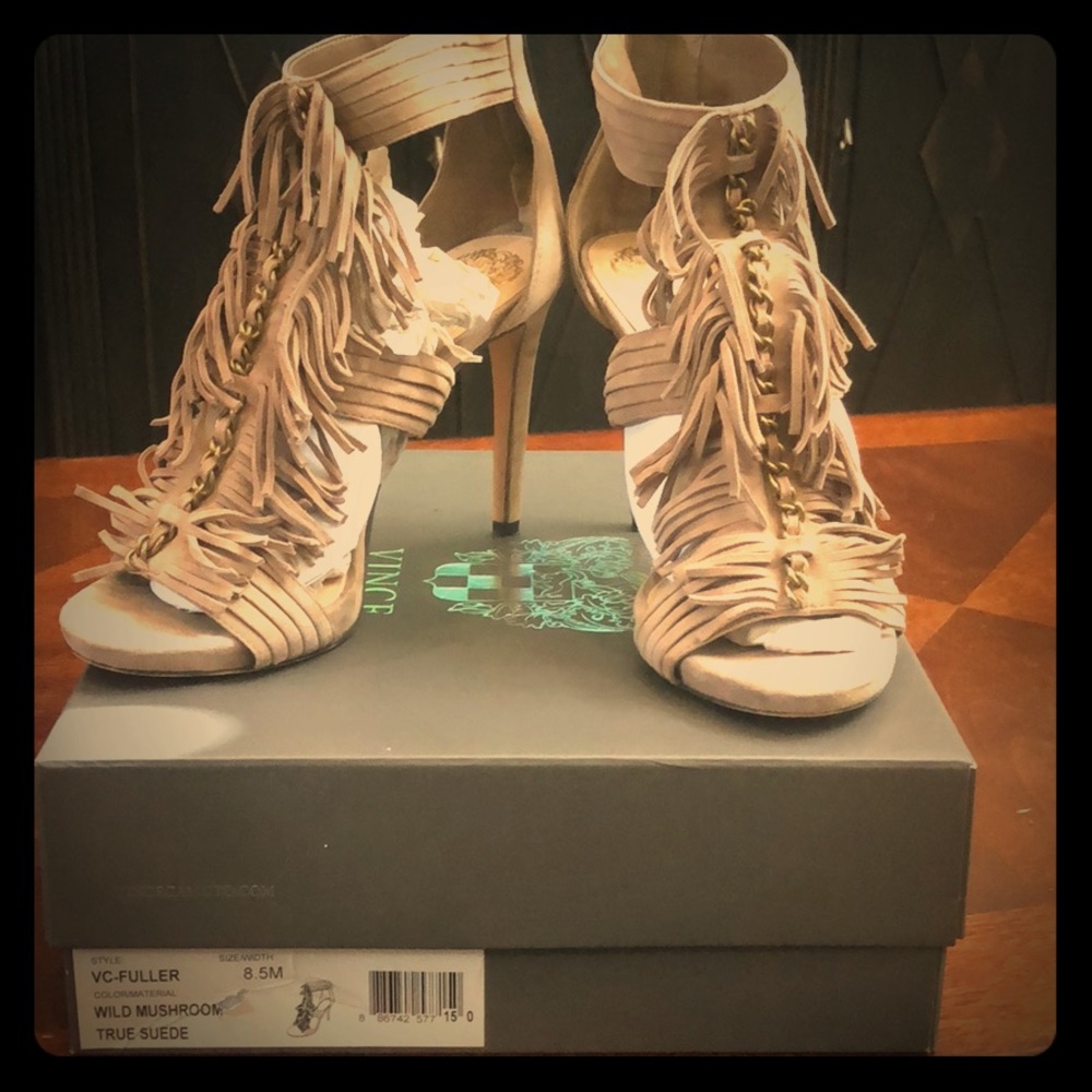Vince Camuto suede, fringe heels!
